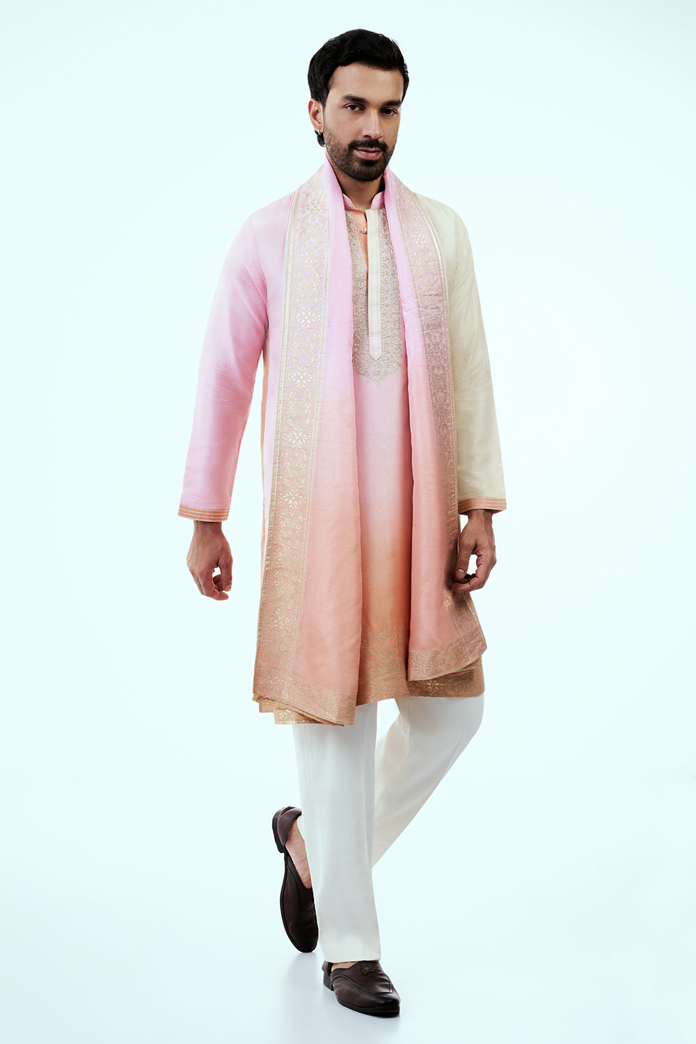 Ombre Pink Peach Nokia Silk Mens Kurta Set with Intricate Zari Embroidery