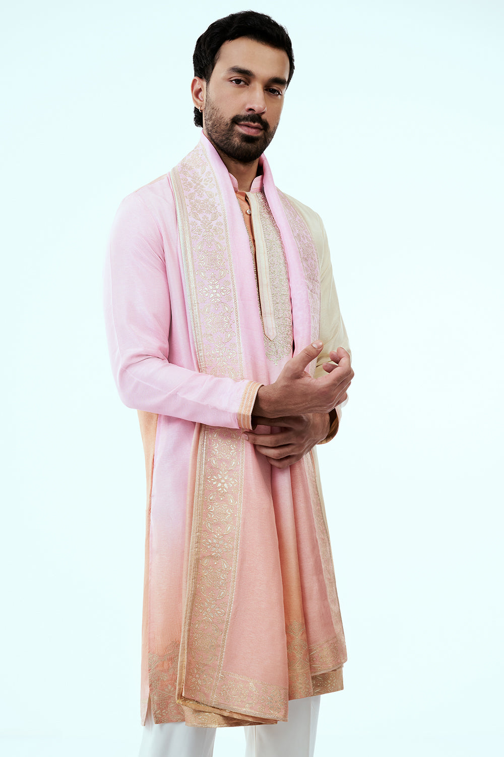 Ombre Pink Peach Nokia Silk Mens Kurta Set with Intricate Zari Embroidery
