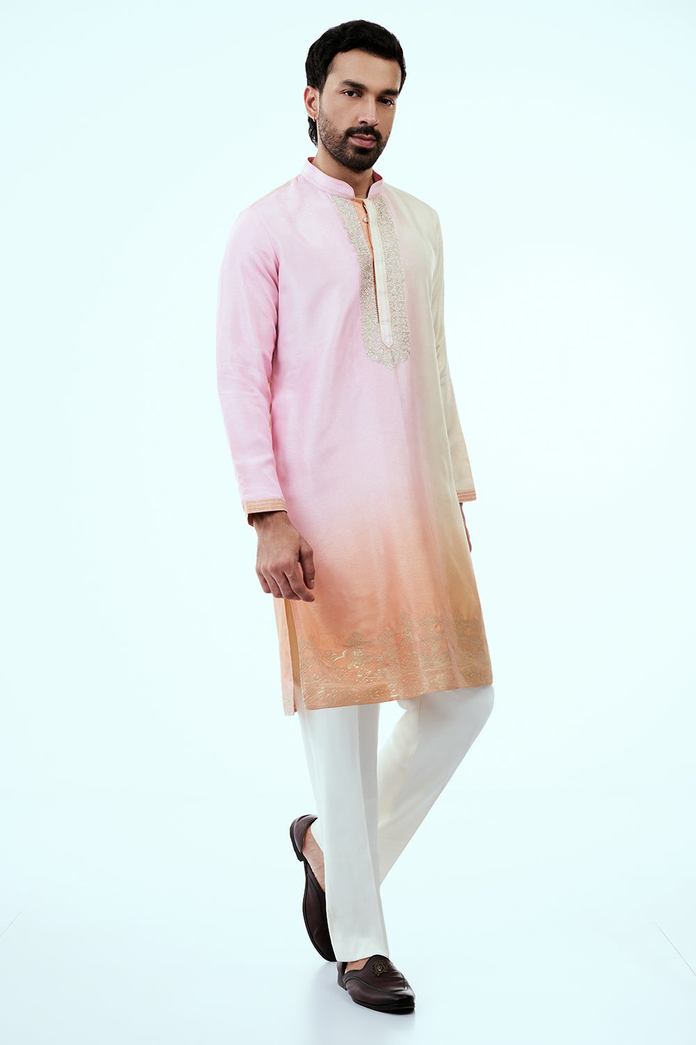 Ombre Pink Peach Nokia Silk Mens Kurta Set with Intricate Zari Embroidery