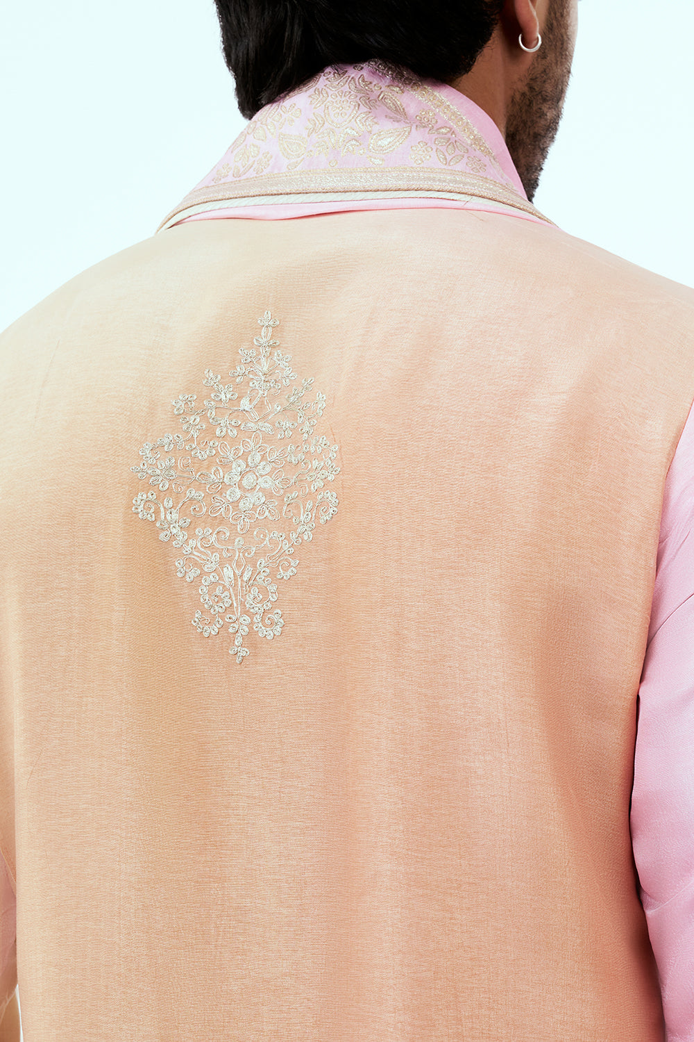 Ombre Pink Peach Nokia Silk Mens Kurta Set with Intricate Zari Embroidery