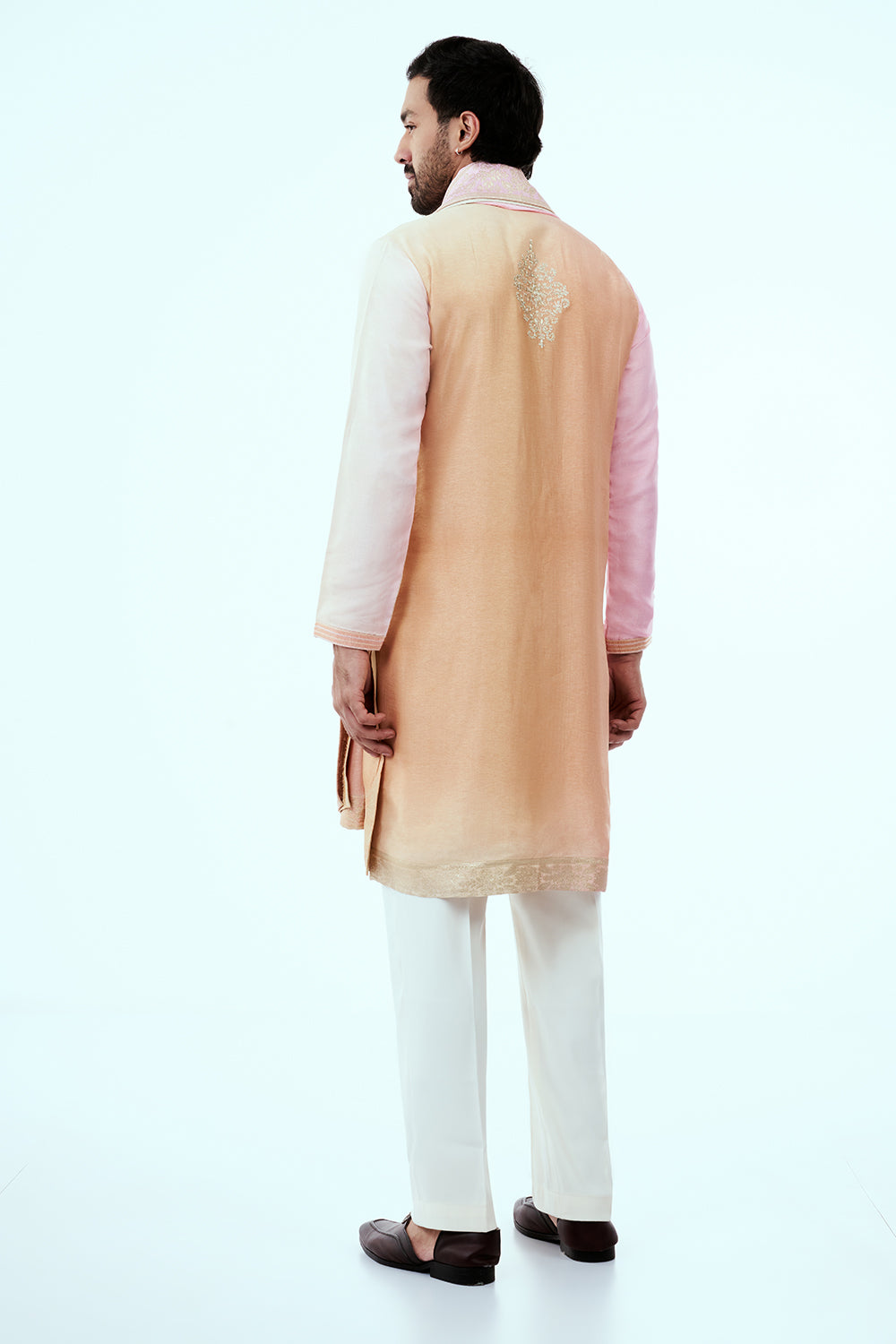 Ombre Pink Peach Nokia Silk Mens Kurta Set with Intricate Zari Embroidery