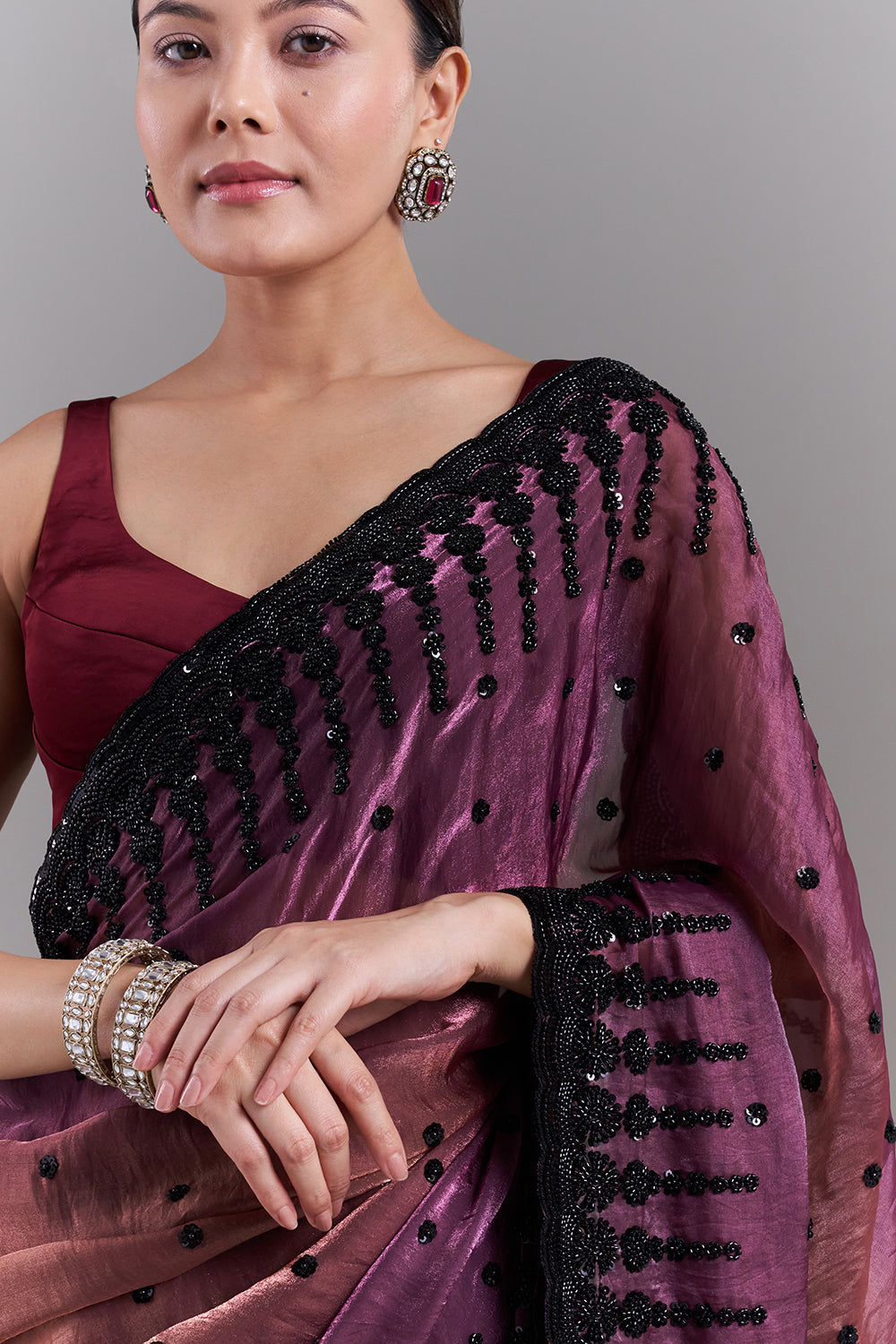 Ombré Purple and Copper Shimmer Satin Organza Embellished Saree and Stitched Blouse