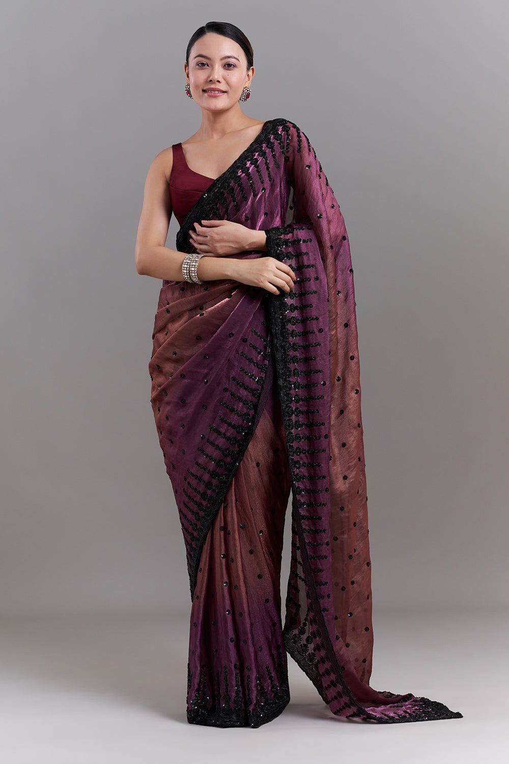 Ombré Purple and Copper Shimmer Satin Organza Embellished Saree and Stitched Blouse