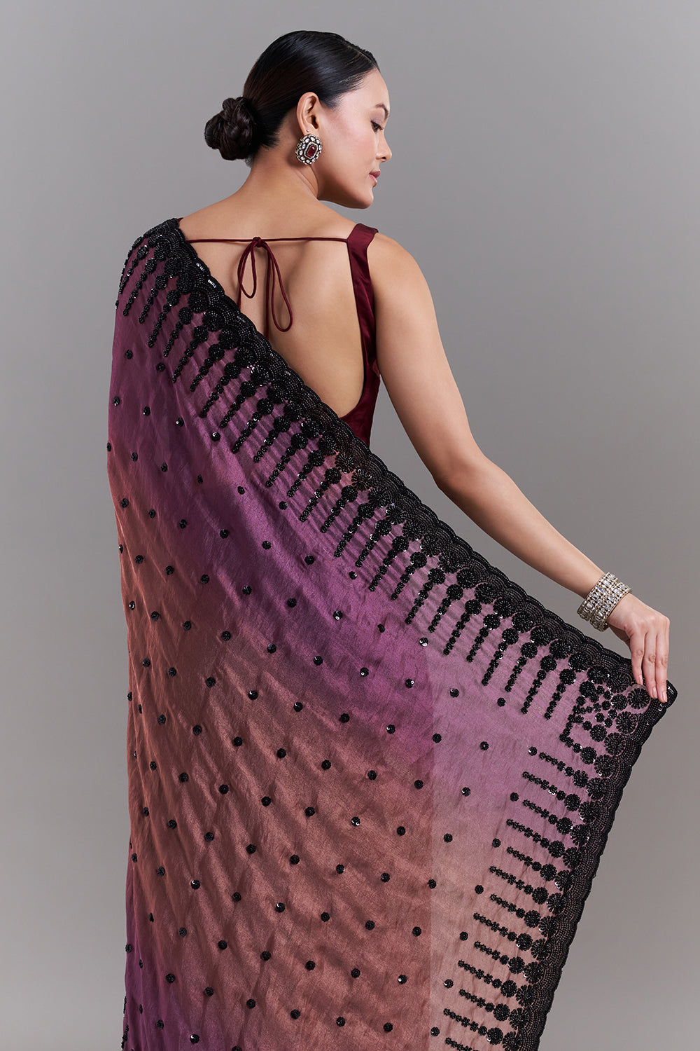 Ombré Purple and Copper Shimmer Satin Organza Embellished Saree and Stitched Blouse