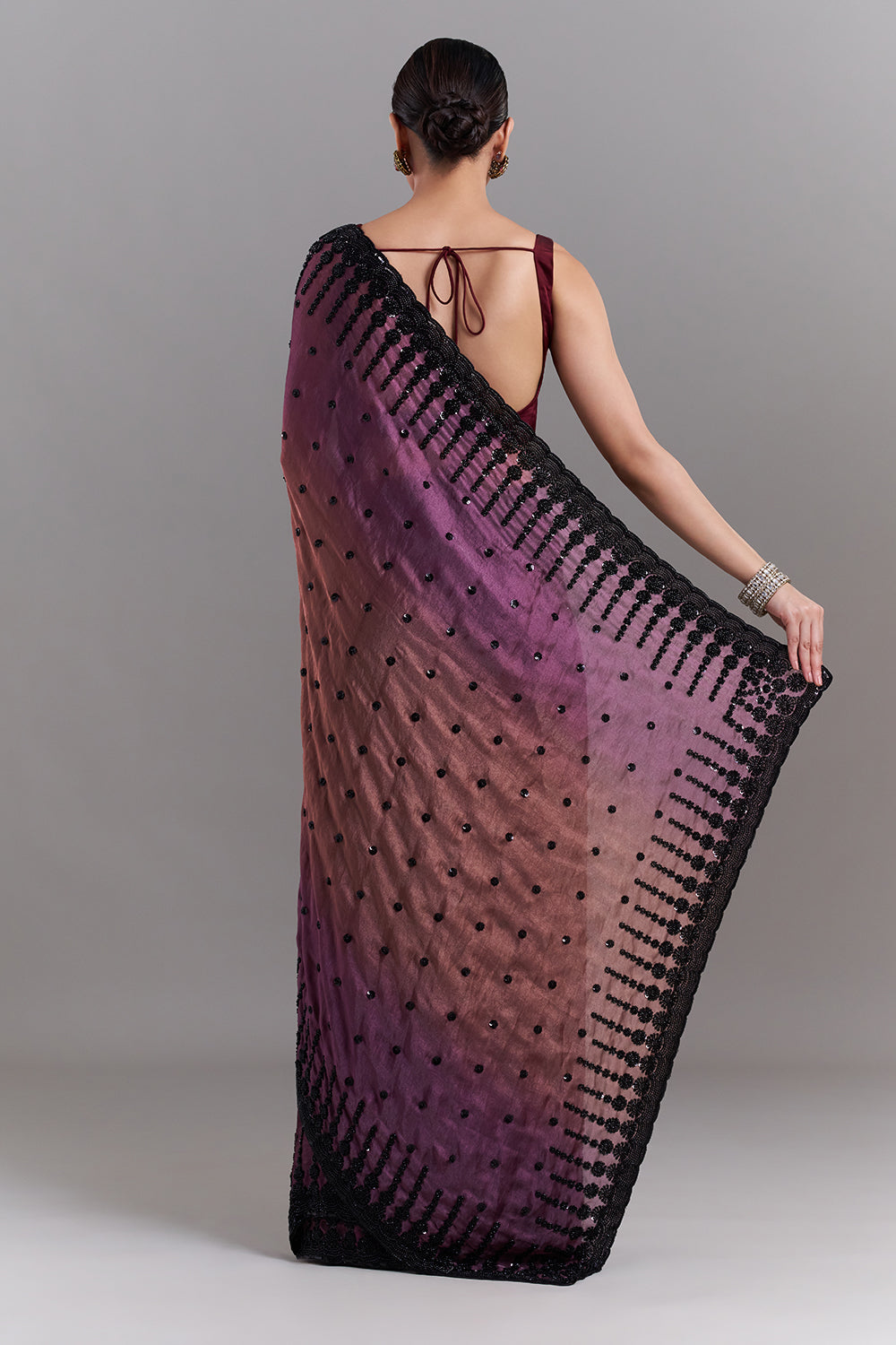 Ombré Purple and Copper Shimmer Satin Organza Embellished Saree and Stitched Blouse