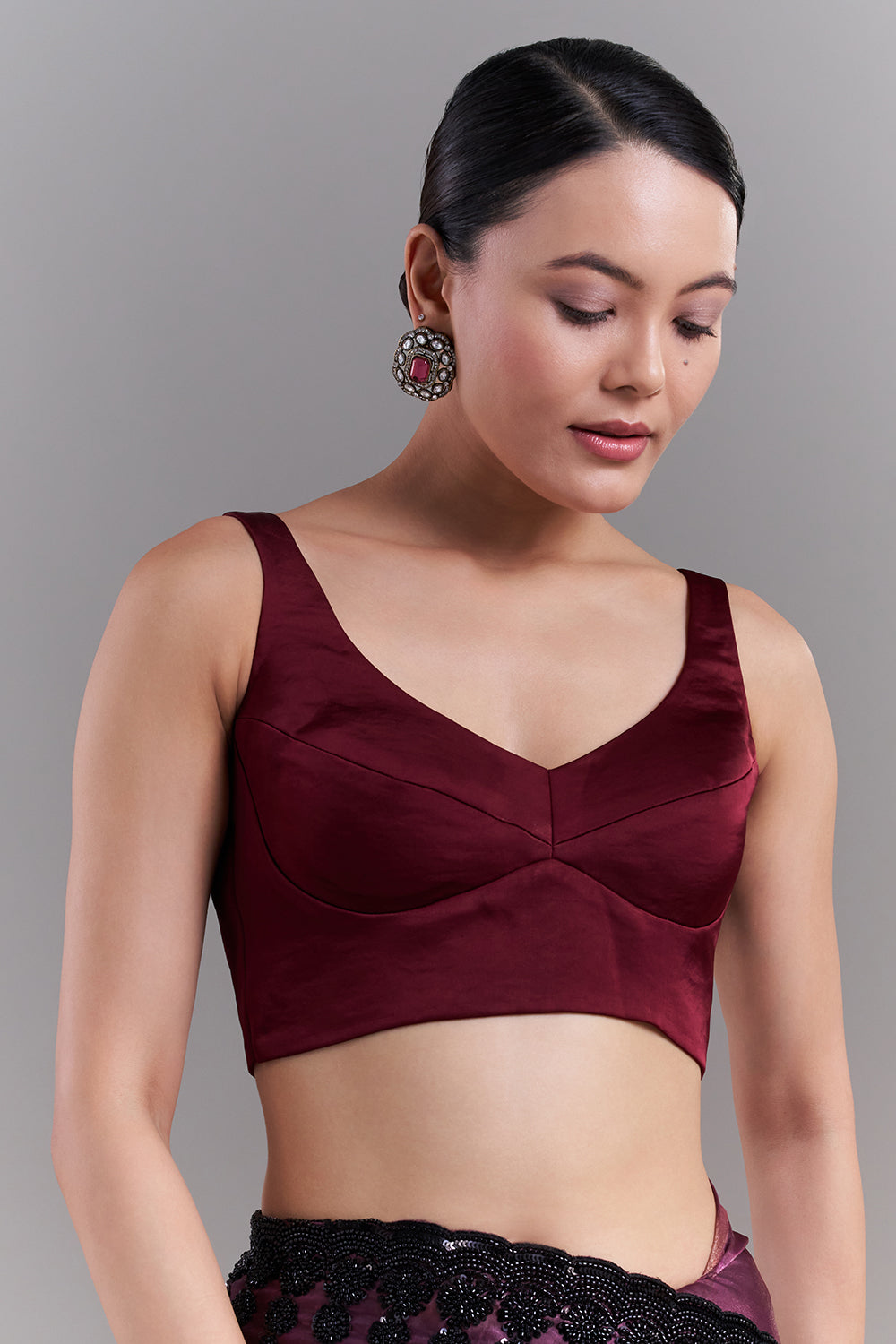 Ombré Purple and Copper Shimmer Satin Organza Embellished Saree and Stitched Blouse