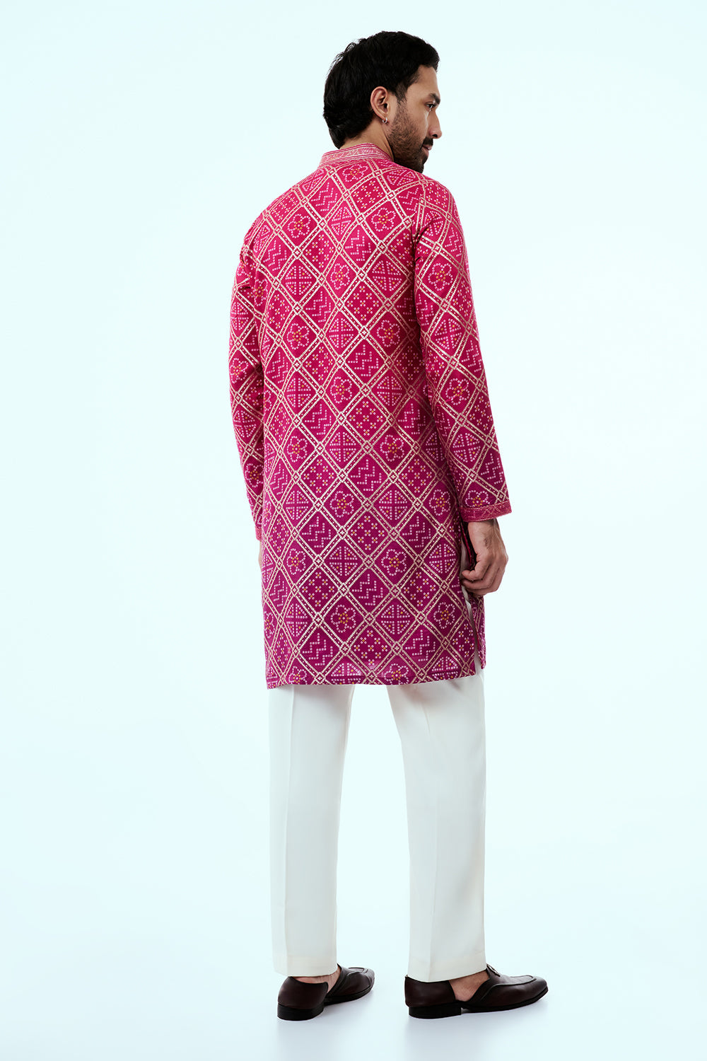 Ombre Rani Pink Blue Silk Bandhani Mens Kurta Set with Multicoloured Threadwork