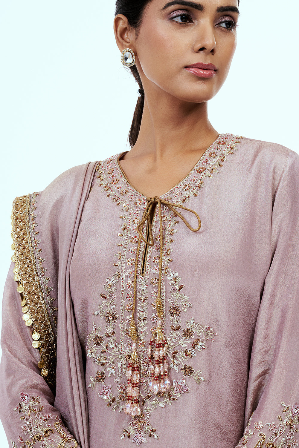 Onion Pink Crushed Tissue Palazzo with Aari Work