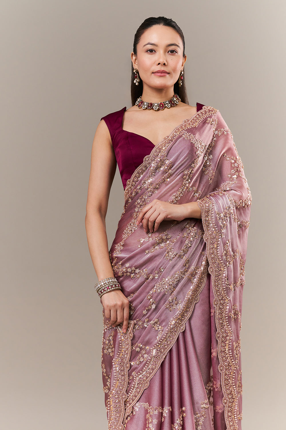 Onion Pink Organza Embroidered Saree with Sequin and Bead Work