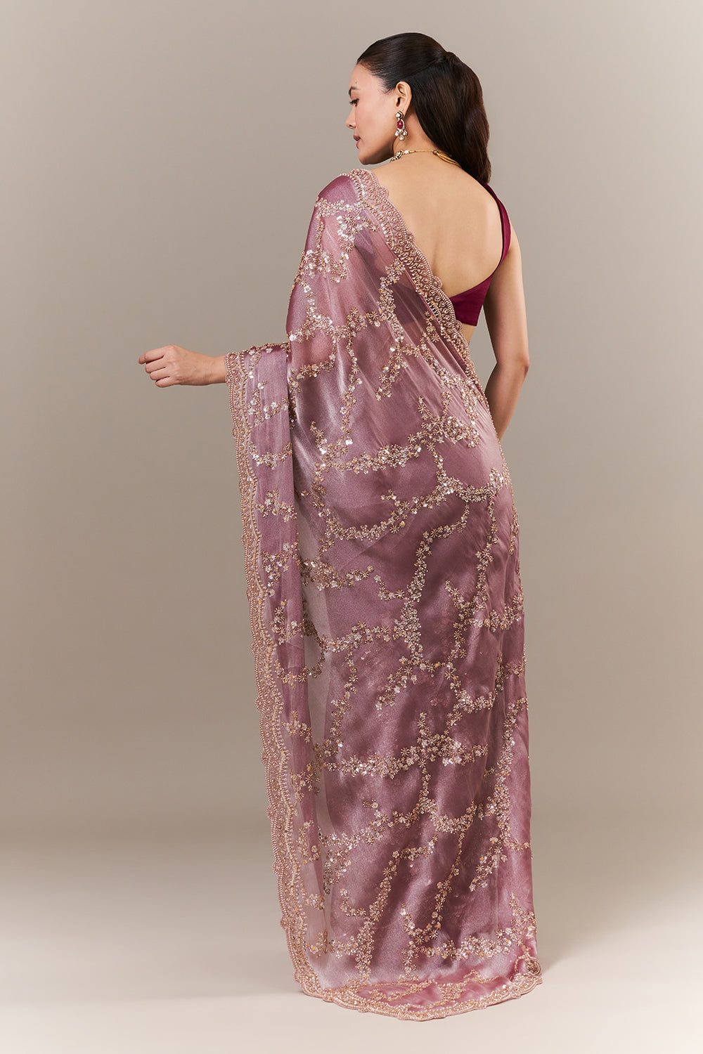 Onion Pink Organza Embroidered Saree with Sequin and Bead Work