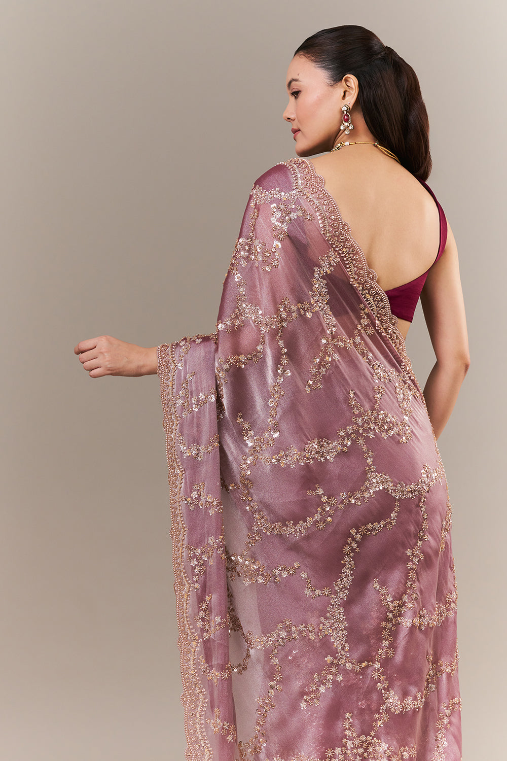 Onion Pink Organza Embroidered Saree with Sequin and Bead Work