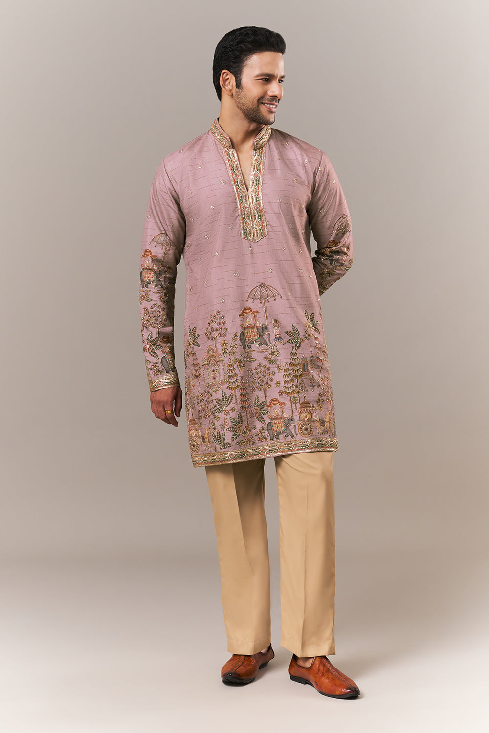 Onion Pink Raw Silk Mens Kurta Set with Resham and Sequin Work
