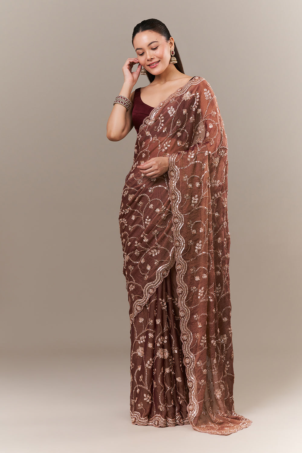 Onion Pink Shimmer Crush Saree with Sequin and Cutdana Work