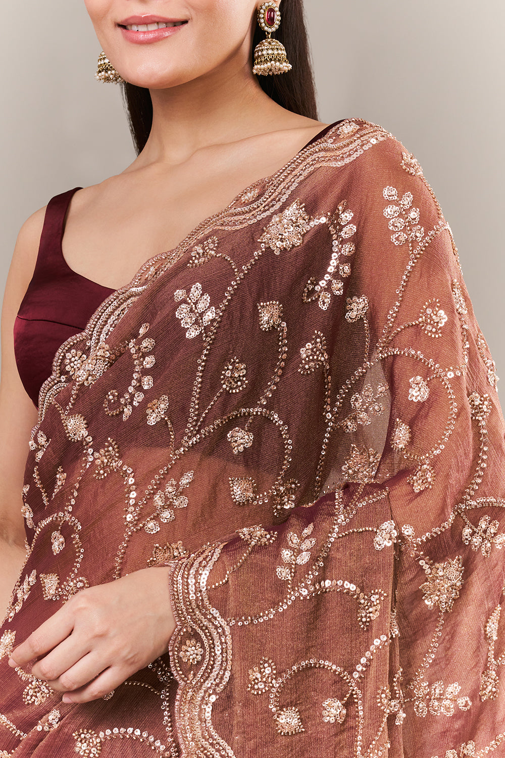 Onion Pink Shimmer Crush Saree with Sequin and Cutdana Work