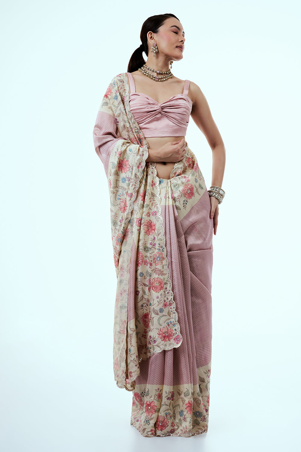 Onion Pink Tussar Silk Saree with Floral Print