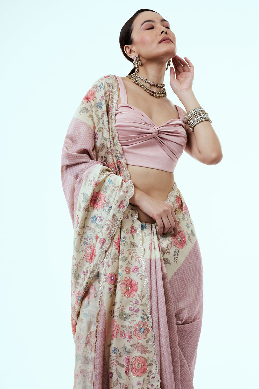 Onion Pink Tussar Silk Saree with Floral Print