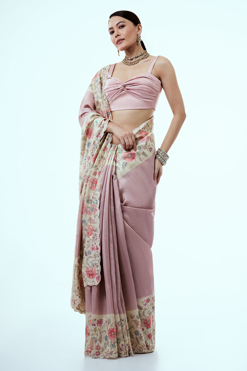 Onion Pink Tussar Silk Saree with Floral Print