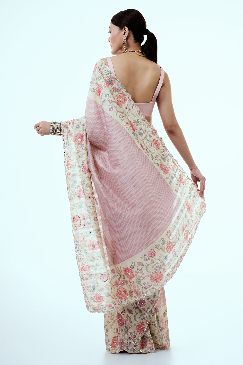 Onion Pink Tussar Silk Saree with Floral Print