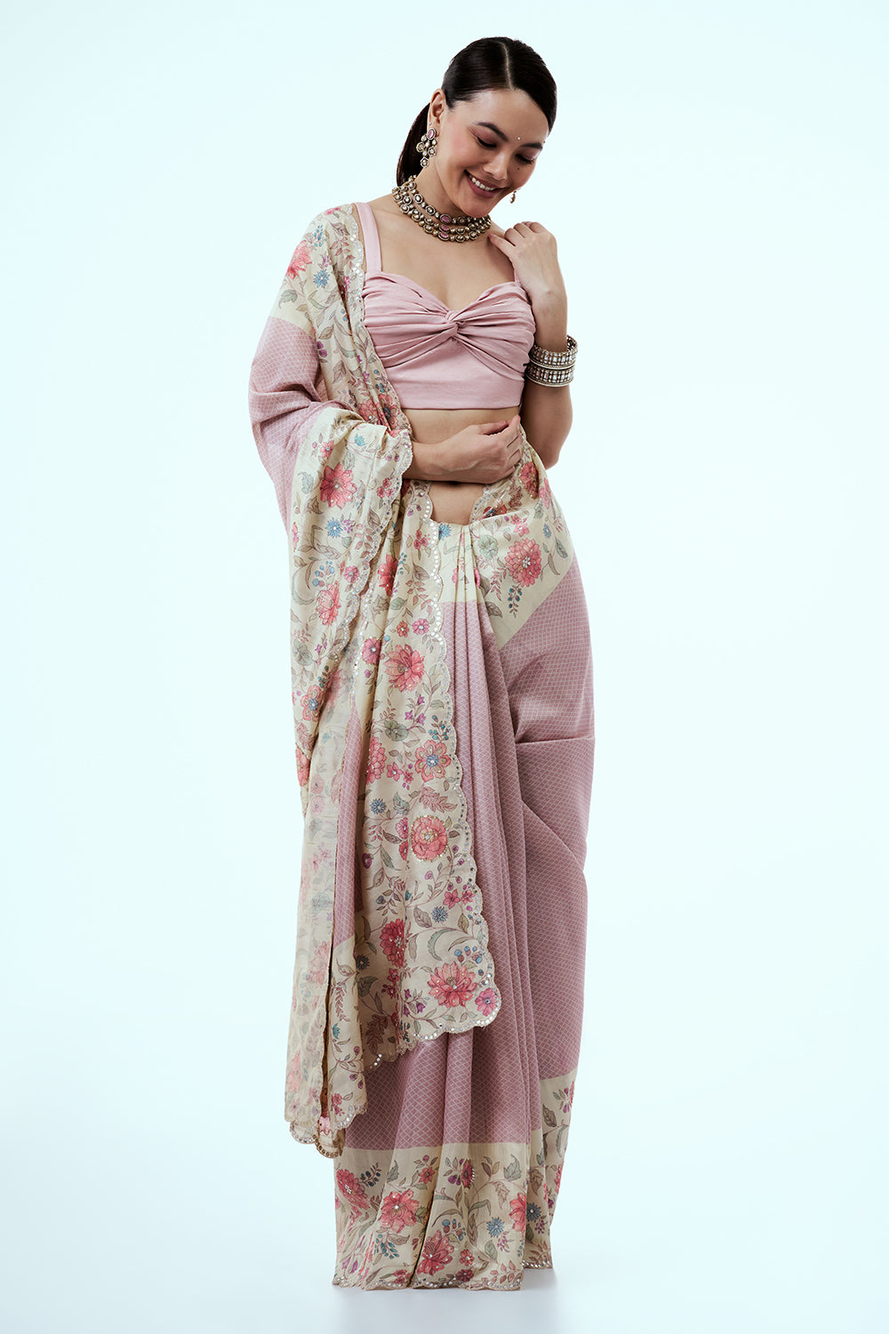 Onion Pink Tussar Silk Saree with Floral Print
