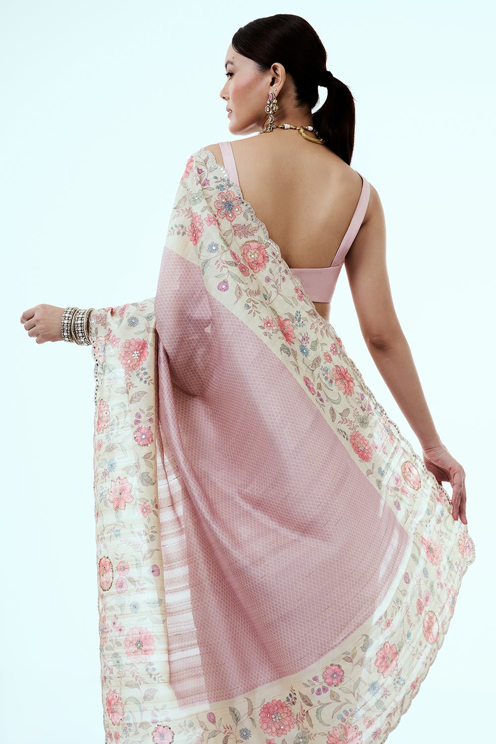Onion Pink Tussar Silk Saree with Floral Print