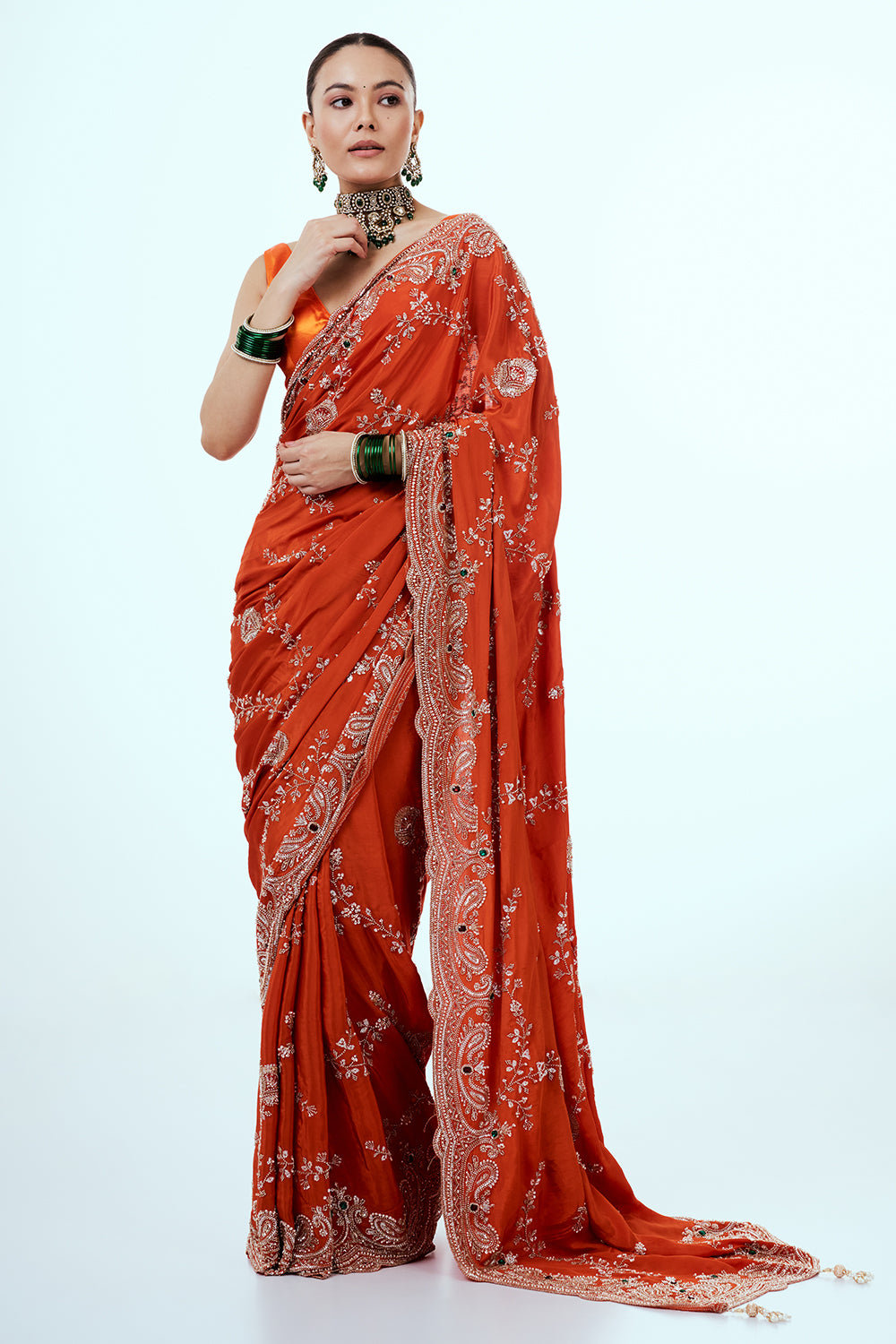 Orange Art Silk Saree with Rhinestone Embellishments and Sequins Work