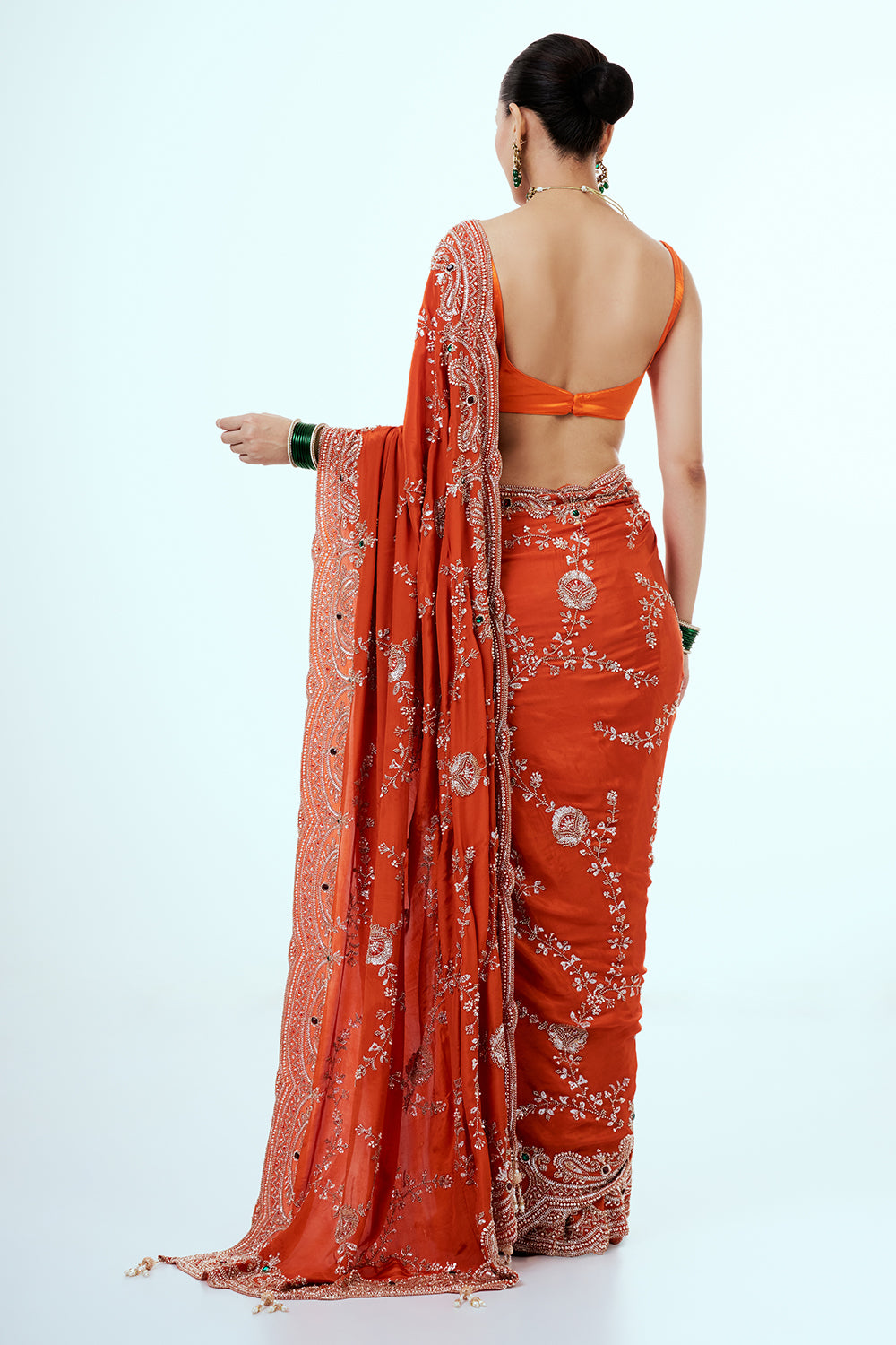 Orange Art Silk Saree with Rhinestone Embellishments and Sequins Work