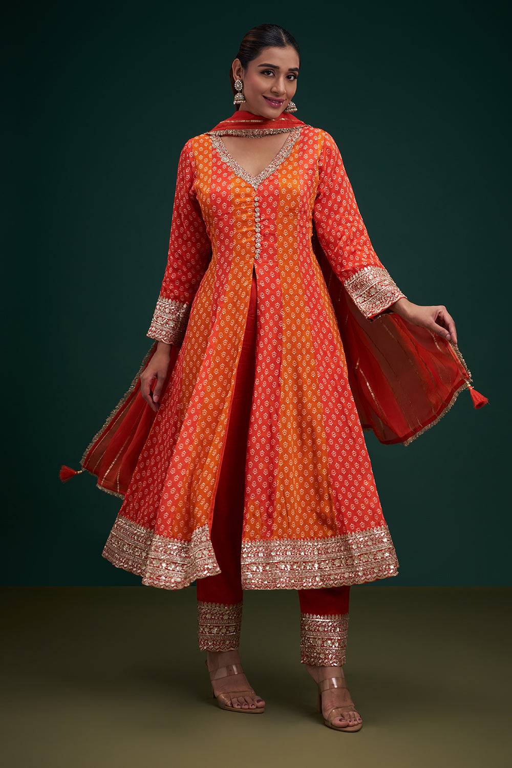 Orange Chiffon Anarkali Suit with Zardozi and Sequin Embroidery