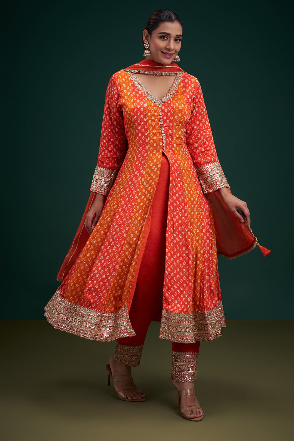 Orange Chiffon Anarkali Suit with Zardozi and Sequin Embroidery