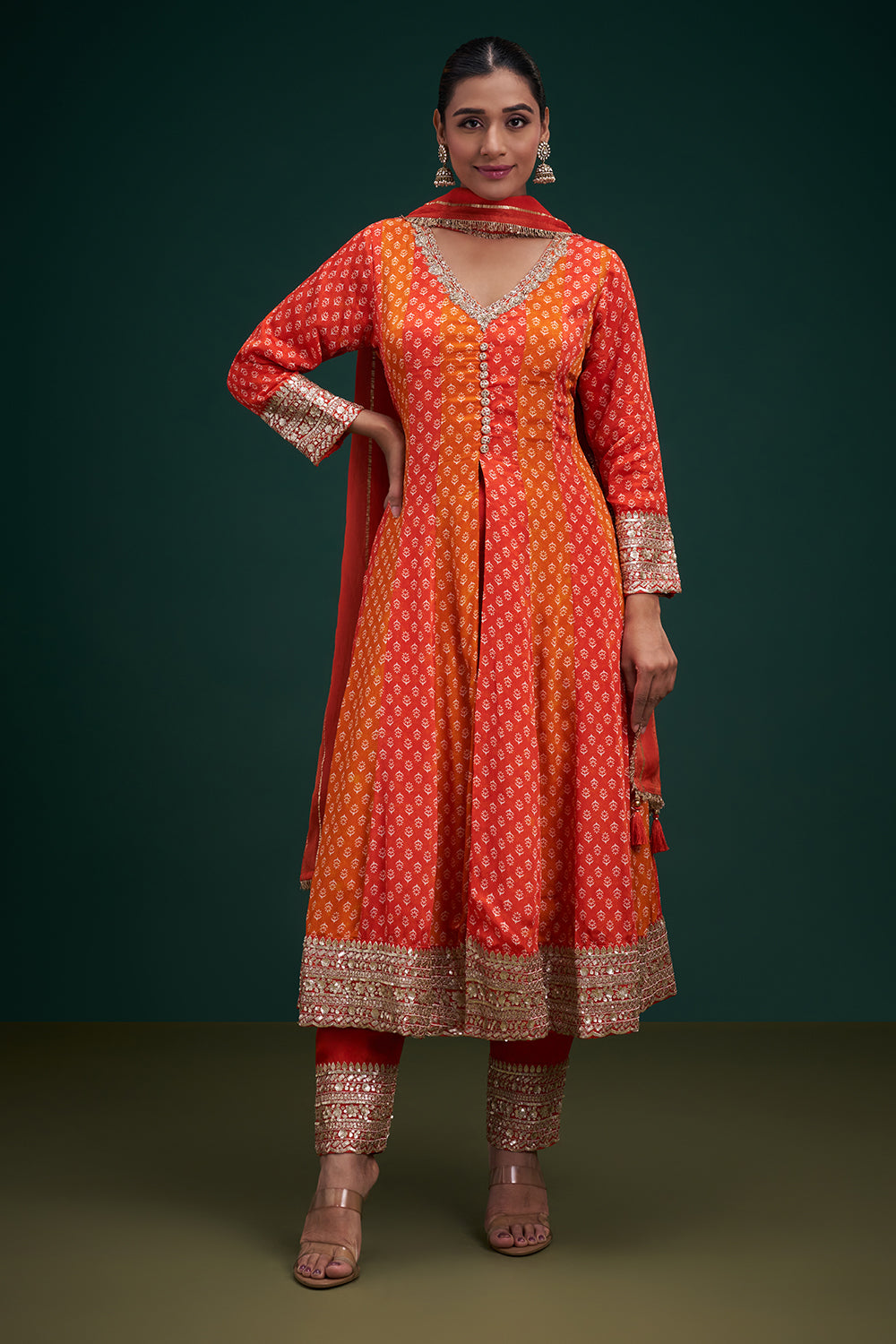 Orange Chiffon Anarkali Suit with Zardozi and Sequin Embroidery