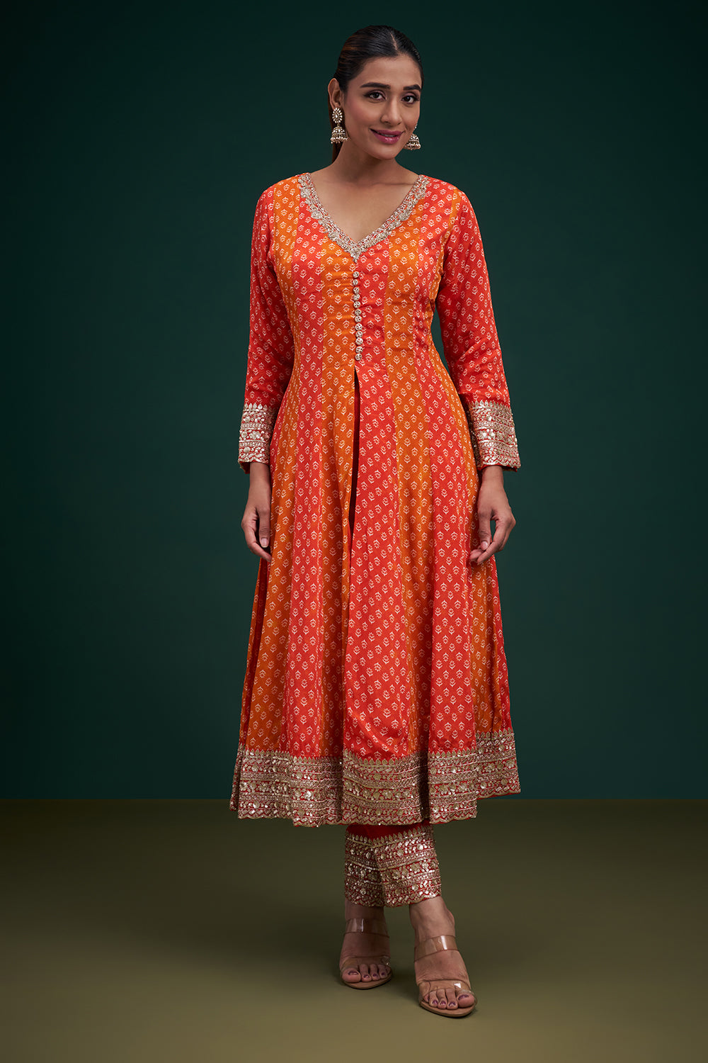 Orange Chiffon Anarkali Suit with Zardozi and Sequin Embroidery