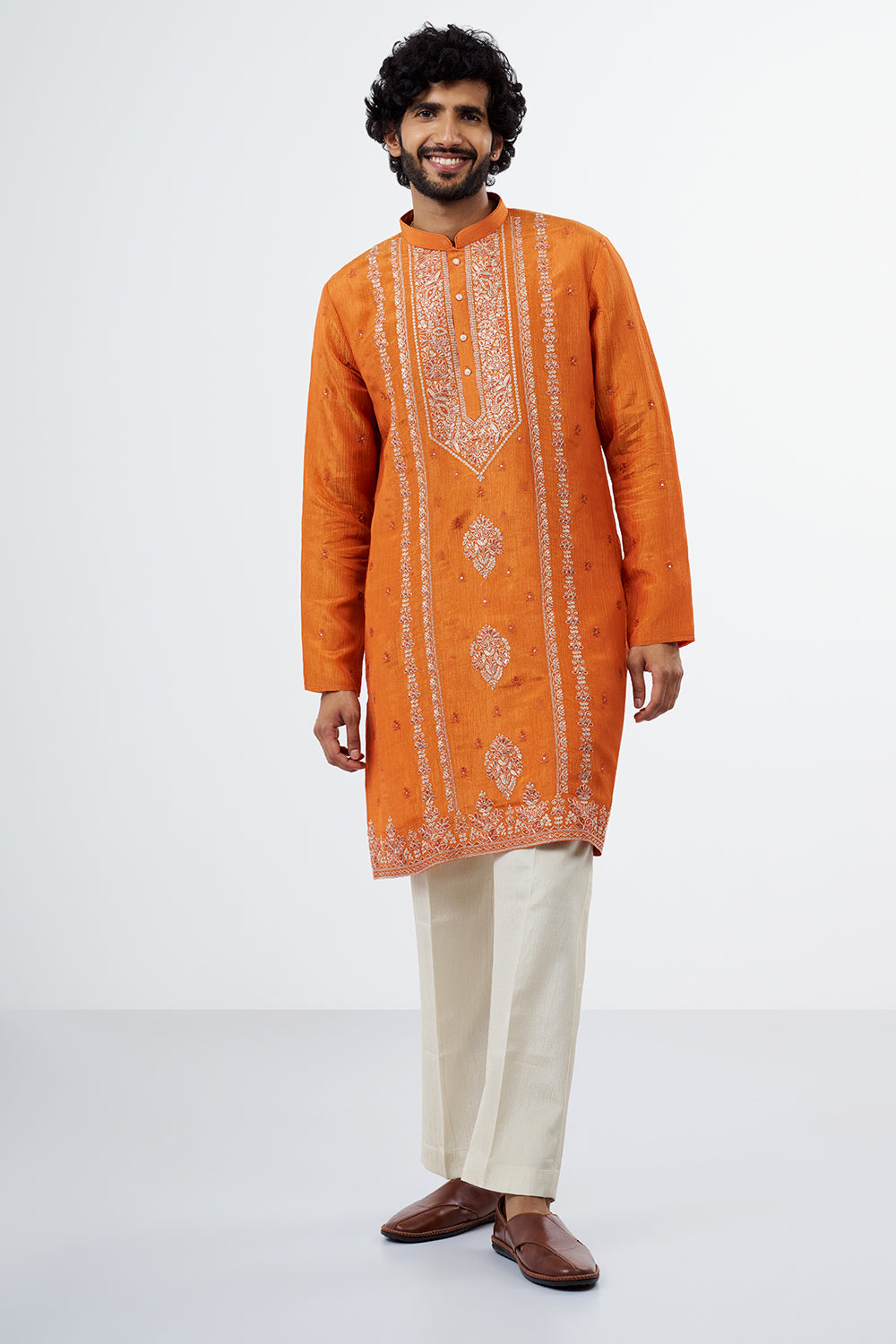 Orange Embroidered Men's Kurta Set