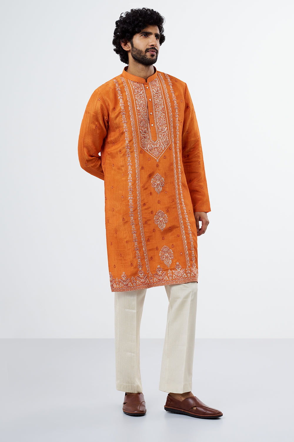 Orange Embroidered Men's Kurta Set