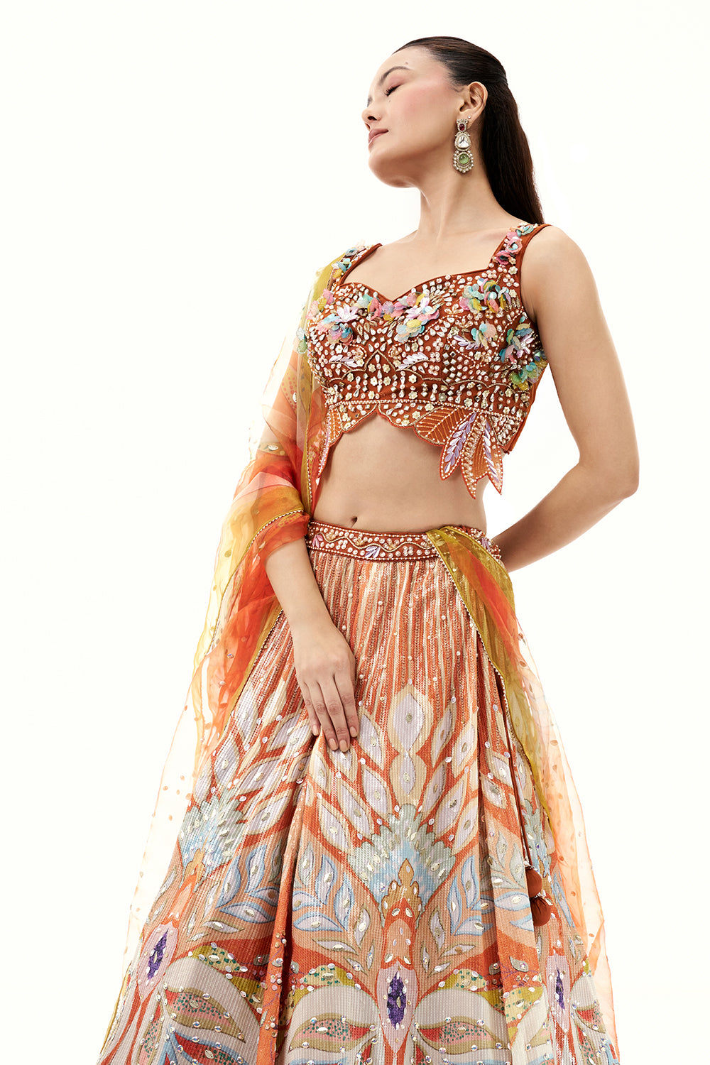 Orange Printed Lehenga with 3D Floral and Bead Work Blouse