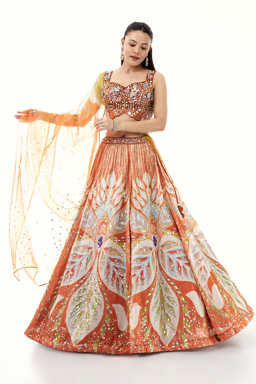 Orange Printed Lehenga with 3D Floral and Bead Work Blouse