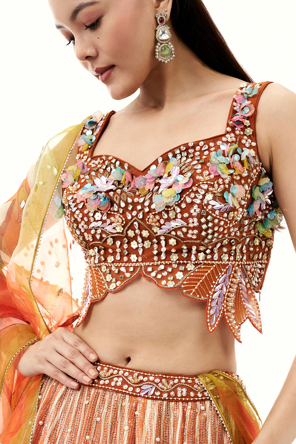 Orange Printed Lehenga with 3D Floral and Bead Work Blouse