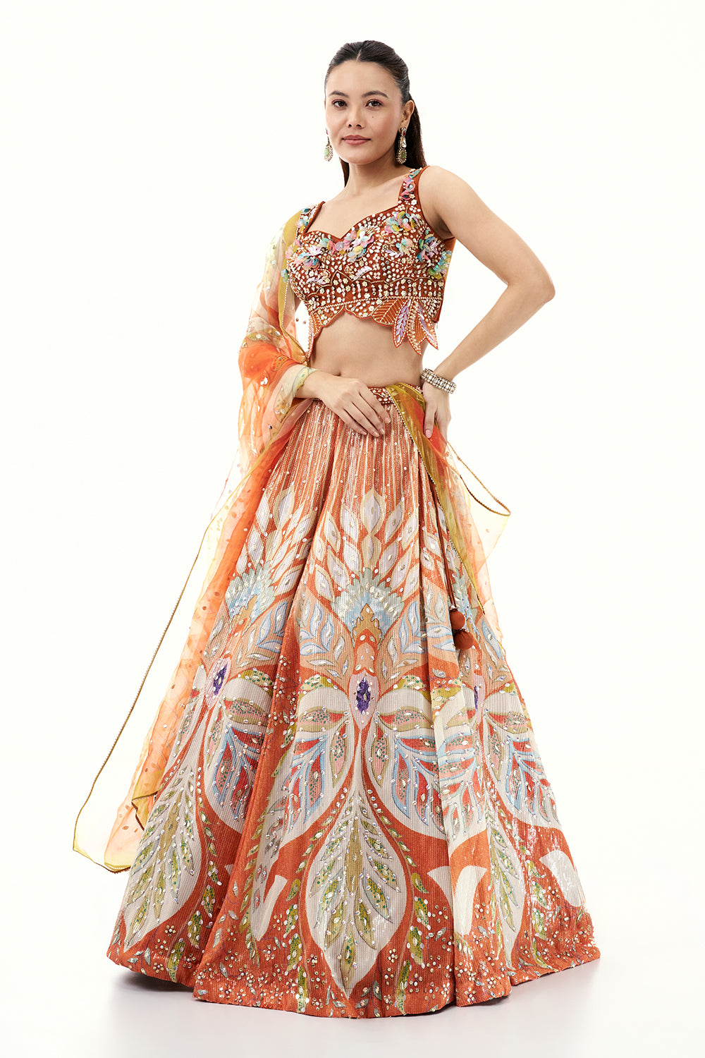 Orange Printed Lehenga with 3D Floral and Bead Work Blouse