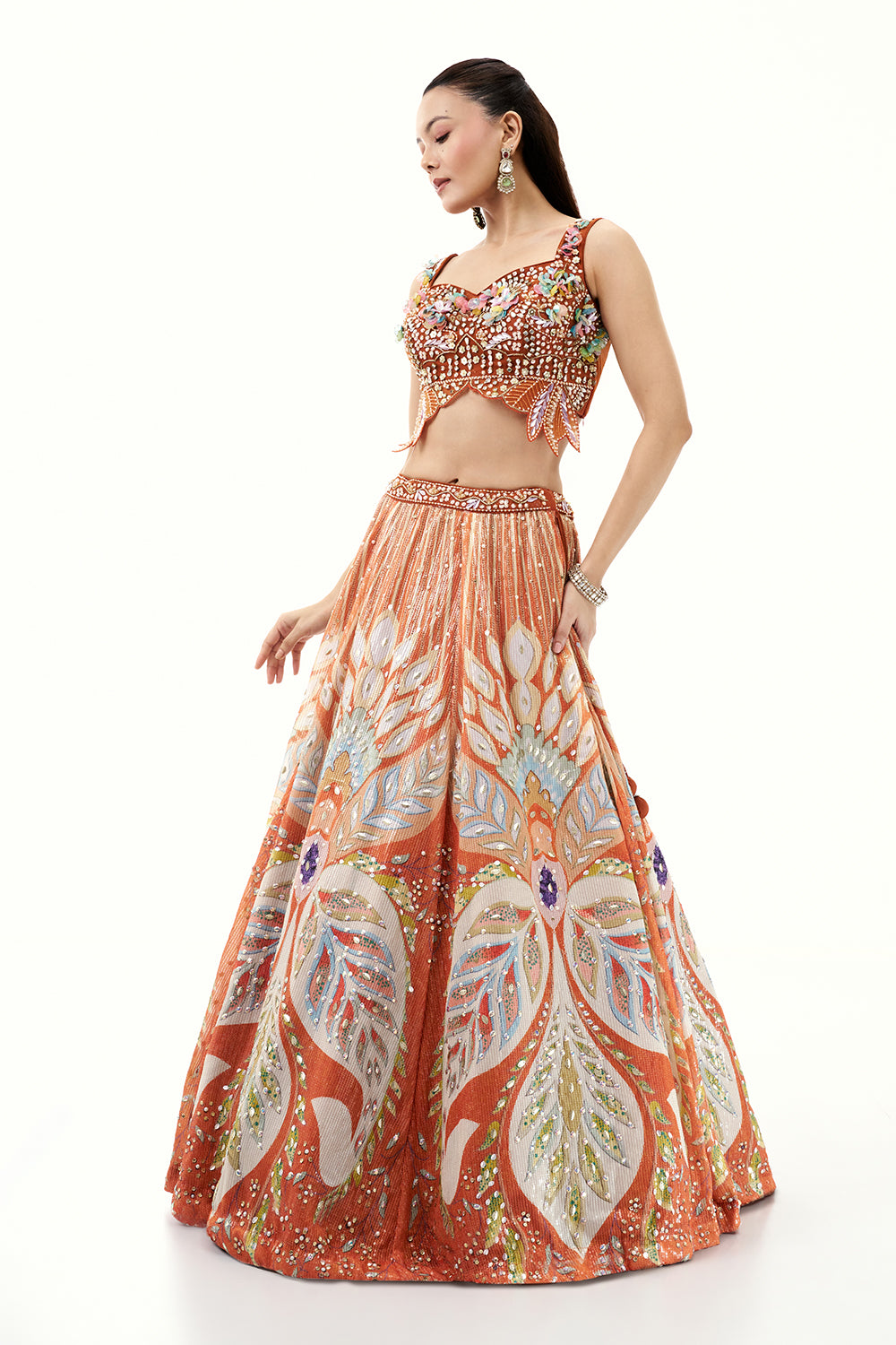 Orange Printed Lehenga with 3D Floral and Bead Work Blouse