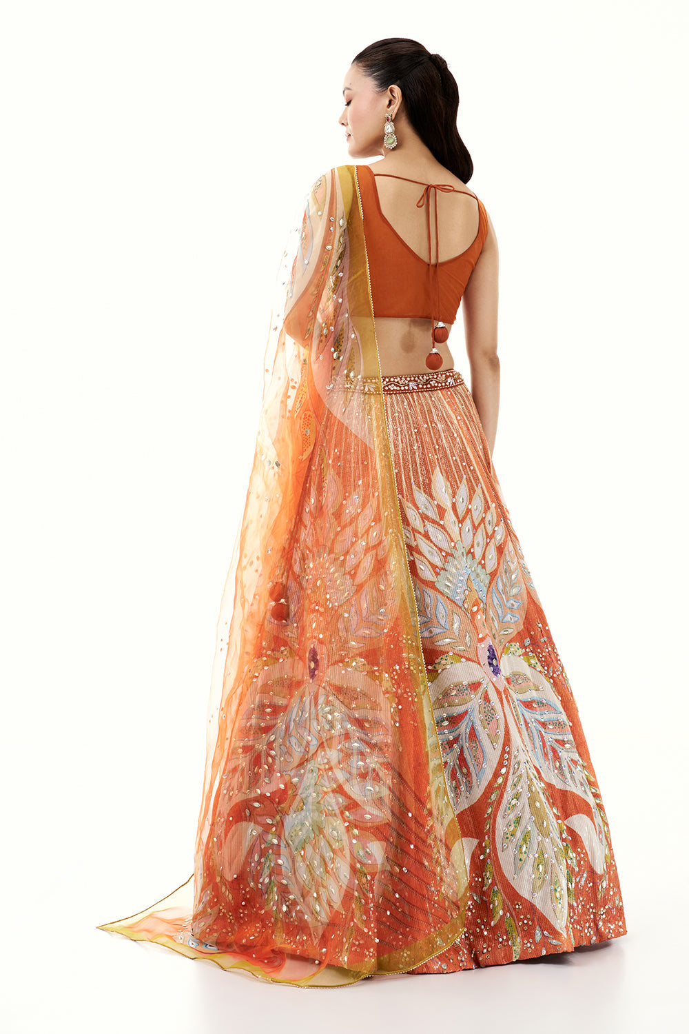 Orange Printed Lehenga with 3D Floral and Bead Work Blouse