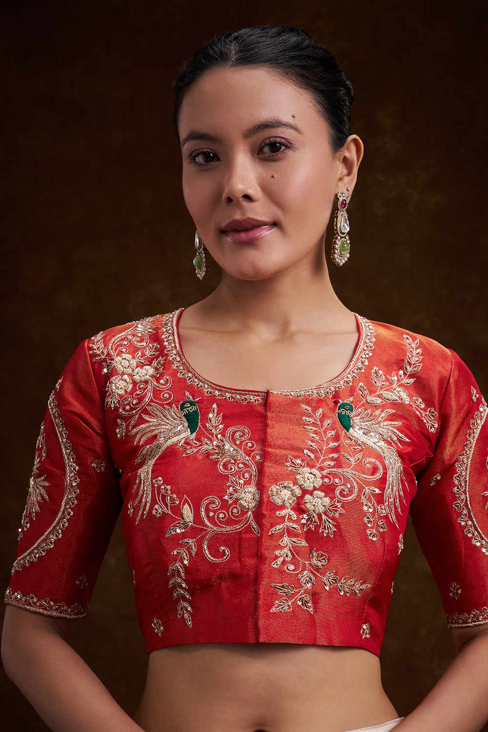 Orange Silk Zari Embroidered Blouse with Peacock Motifs