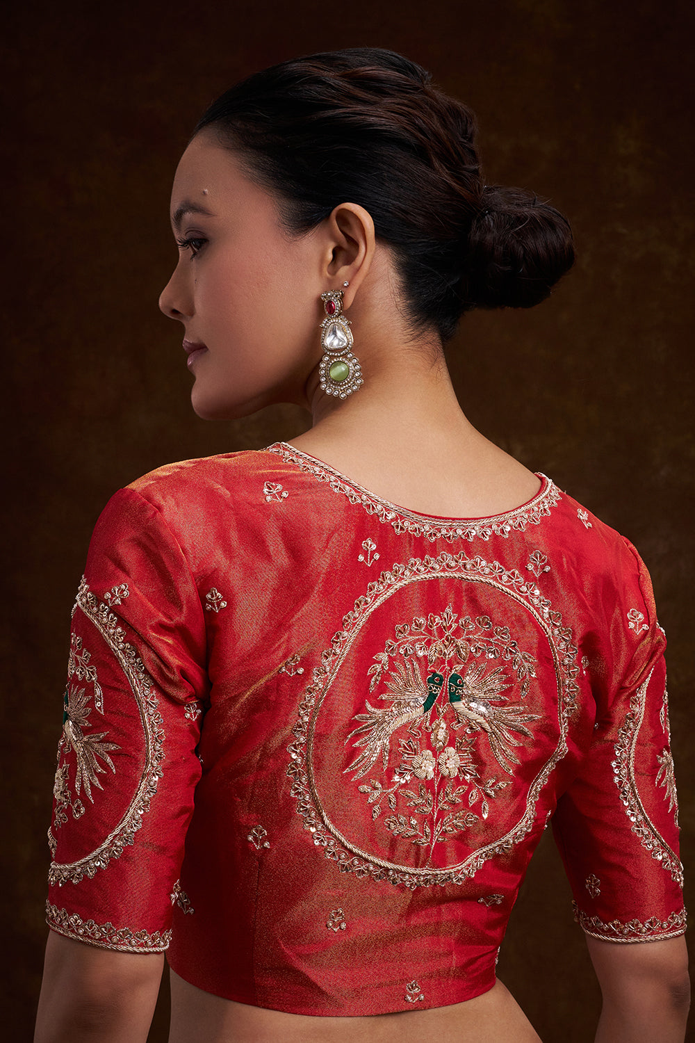 Orange Silk Zari Embroidered Blouse with Peacock Motifs