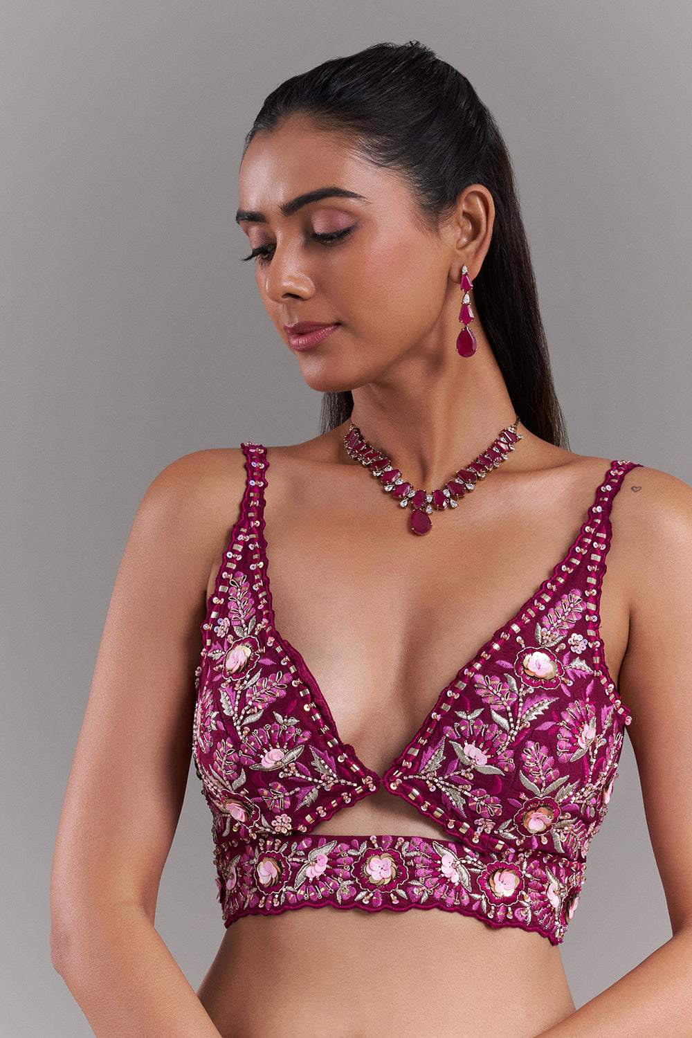 Orchid Purple Dupion Silk Blouse with 3D Floral Detail