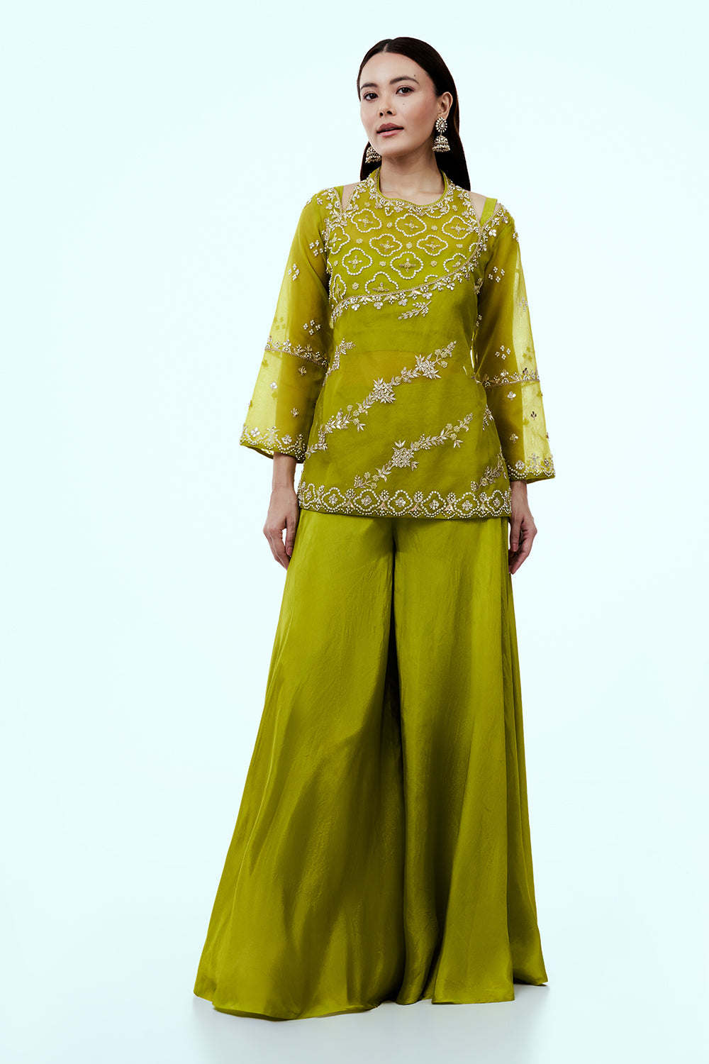 Parrot Green Uppada Silk Suit Set with Zardosi Work