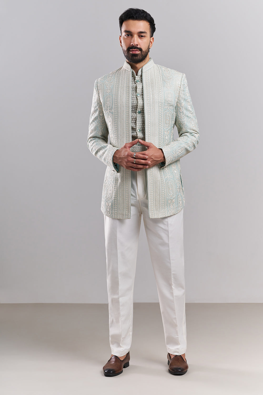 Pastel Blue Tissue Silk Embroidered Jodhpuri Set