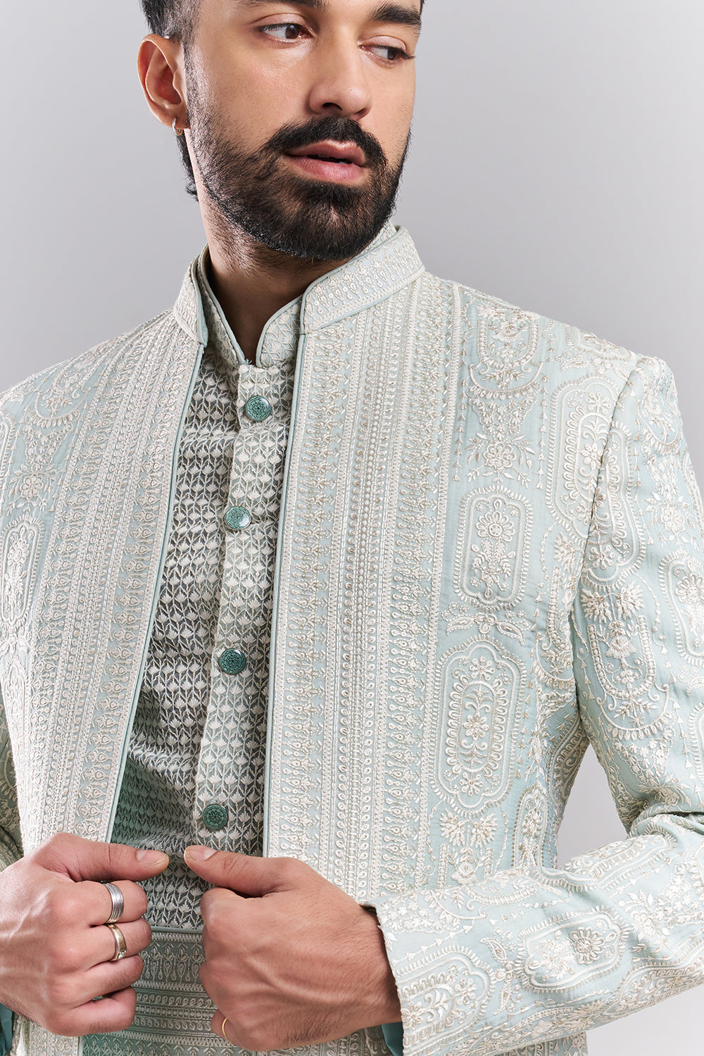 Pastel Blue Tissue Silk Embroidered Jodhpuri Set