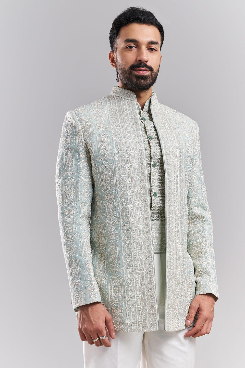 Pastel Blue Tissue Silk Embroidered Jodhpuri Set