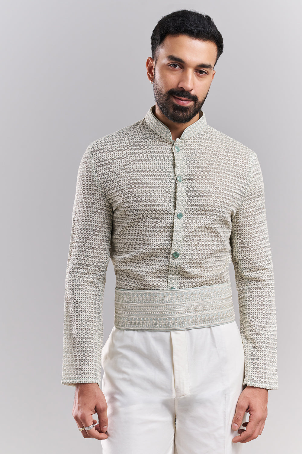 Pastel Blue Tissue Silk Embroidered Jodhpuri Set