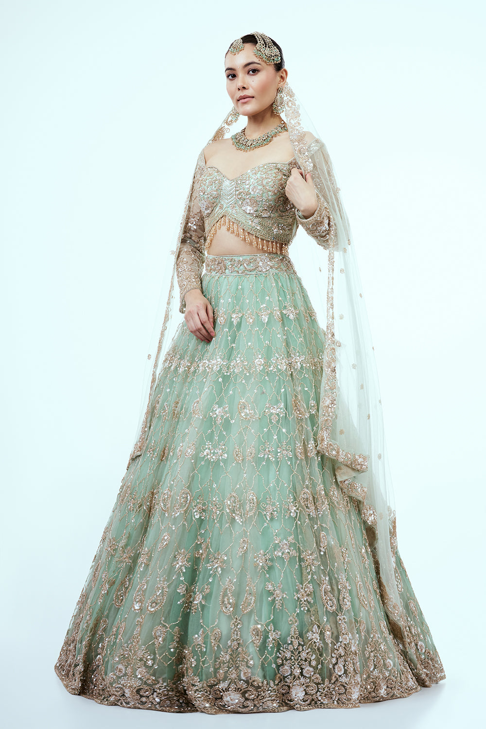 Pastel Green Hand Embroidered Net Lehenga with Cutdana Work