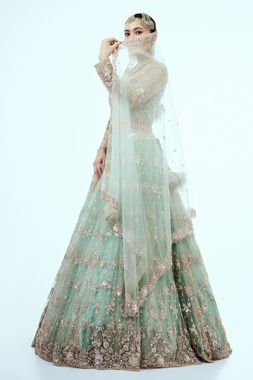 Pastel Green Hand Embroidered Net Lehenga with Cutdana Work