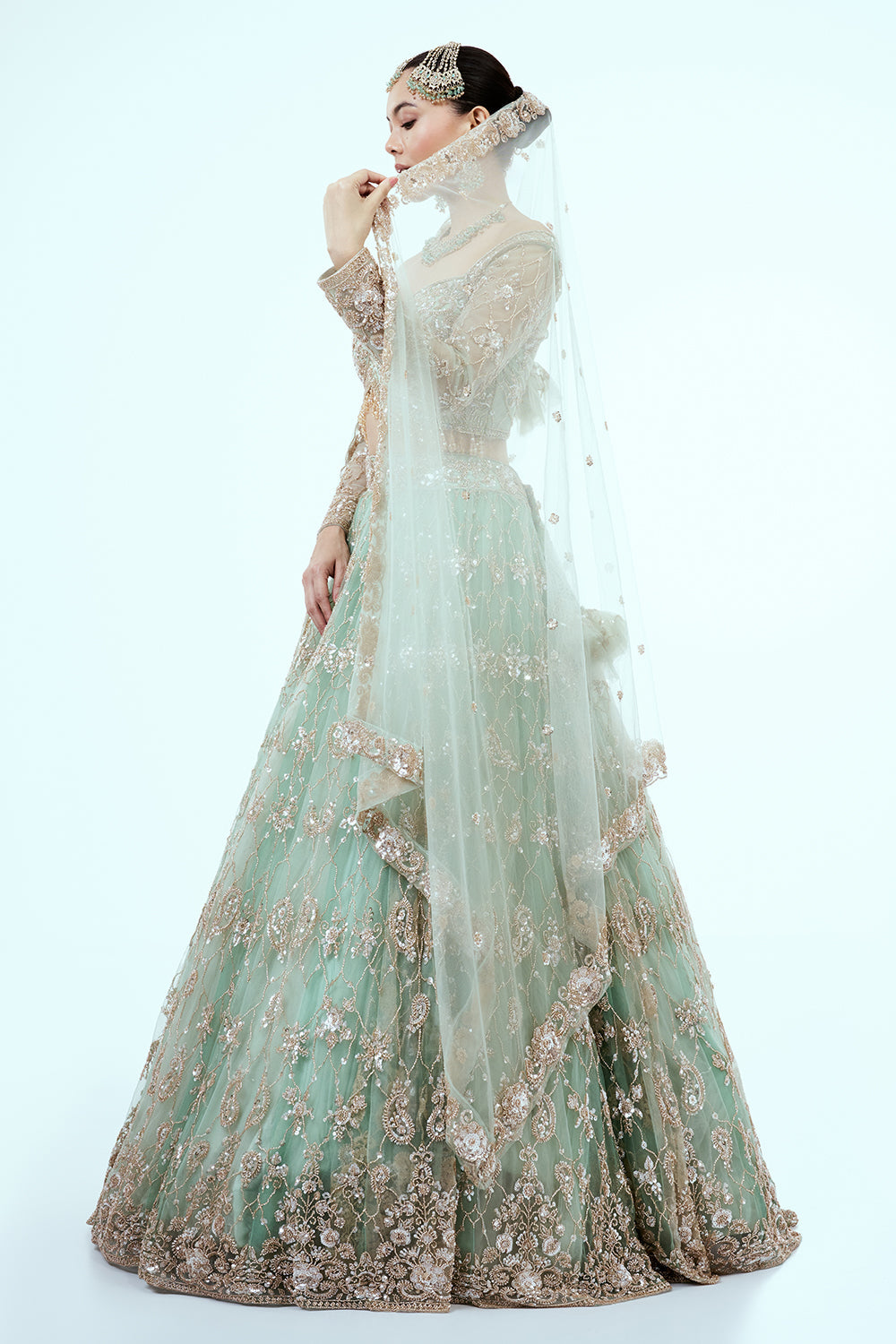 Pastel Green Hand Embroidered Net Lehenga with Cutdana Work