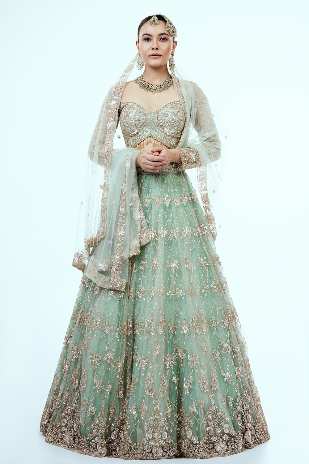 Pastel Green Hand Embroidered Net Lehenga with Cutdana Work